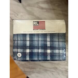 Vintage 90s Ralph Lauren Denim Texture Navy Blue & White Plaid FULL FLAT Sheet
